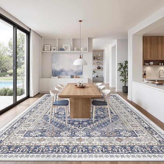 zesthome 12x15 Area Rugs, Large Washable Rug, Ultra-Thin Stain Resistant Rugs for Living Room, Bedroom, Non-Slip Backing Home Decor Area Rug (Blue/Beige,12'x15')
