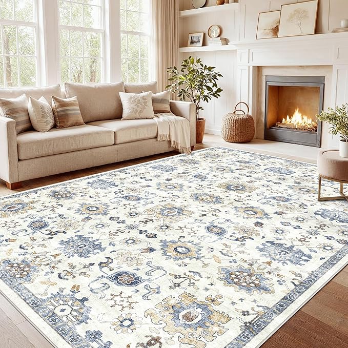 AMADA HOMEFURNISHING 8x10 Washable Area Rug, Low-Profile Large Area Rug with Non-Slip Backing & Durable Edge Binding, Vintage Large Rugs for Living Room, Bedroom, Dinning Room