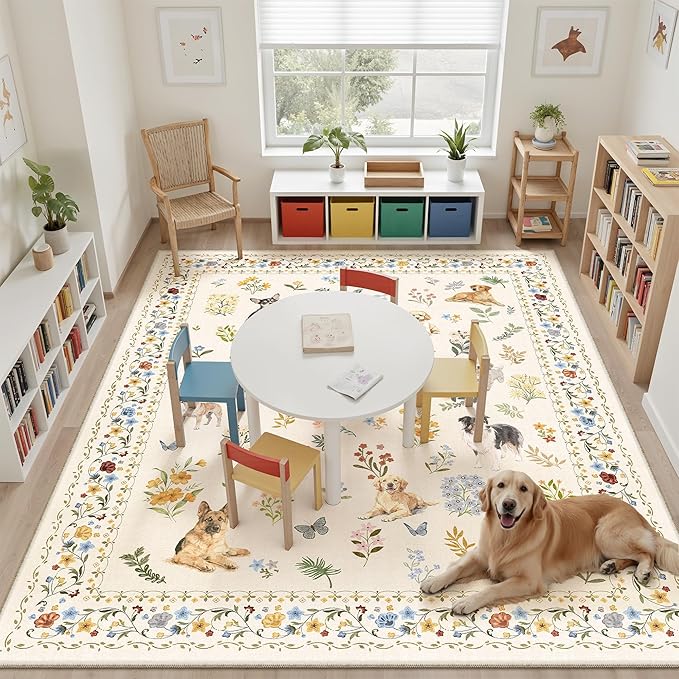 Soalmost Dog 8x10 Area Rugs for Living Room, Machine Washable Animal Floral Vintage Rug Non-Slip Low Pile Soft Throw Large Rugs for Bedroom Dining Room Kitchen Nursery Playroom (8 x 10,Beige)