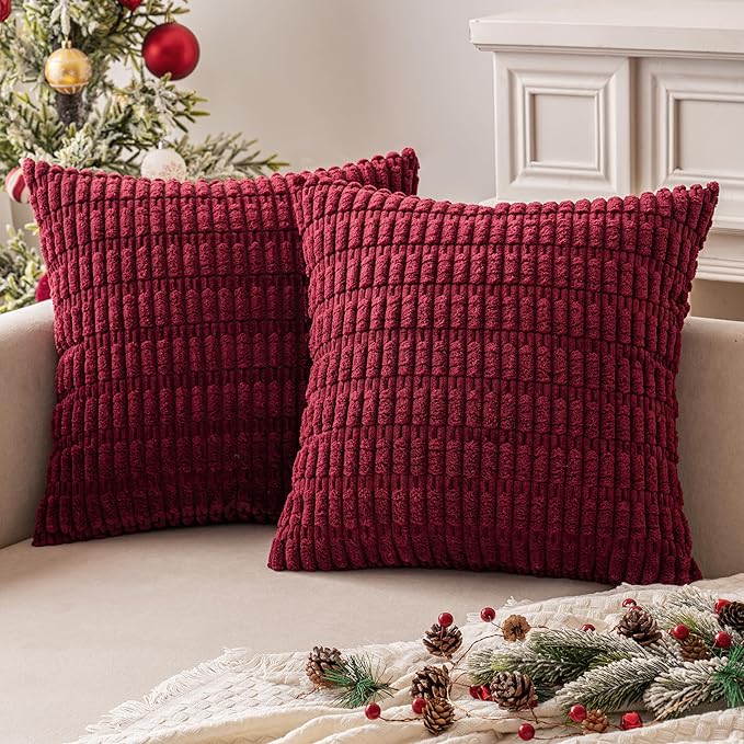MIULEE Pack of 2 Burgundy Corduroy Decorative Pillow Covers 20x20 Inch Soft Boho Striped Throw Pillow Covers Modern Farmhouse Home Decor for Sofa Living Room Couch Bed