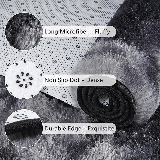 Chicrug Soft Runner Rugs for Bedroom Living Room Plush Fluffy Rug 2x4 Feet, Shag Furry Area Rug Carpet Non Shedding for Nursery Children Kids Girls Room Home Decorative, Grey and Black
