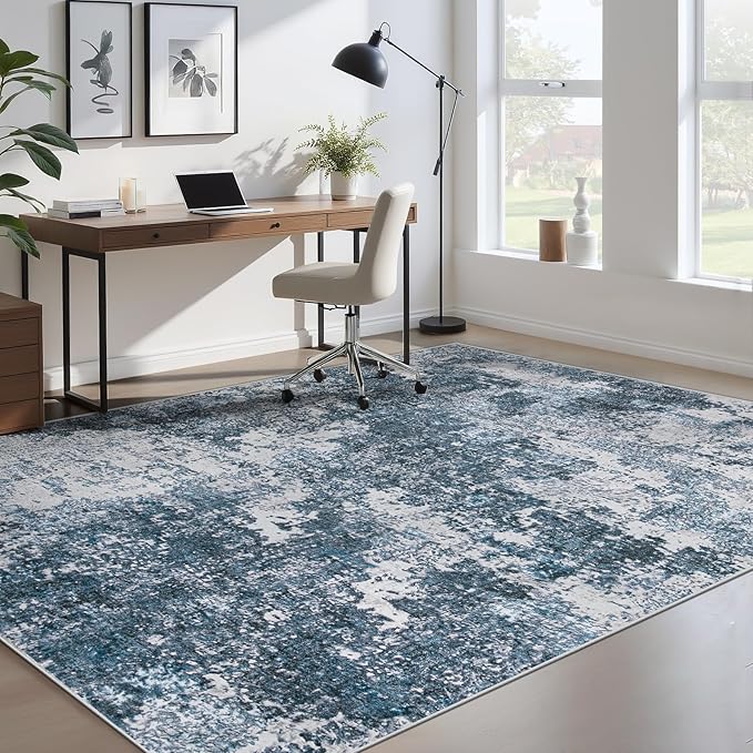 Area Rugs 6x9 for Living Room: Washable Rug Modern Abstract Neutral Soft Non-Slip Low-Pile Indoor Carpet for Bedroom Dining Room Playroom Home Office (Blue Grey, 6'x9')