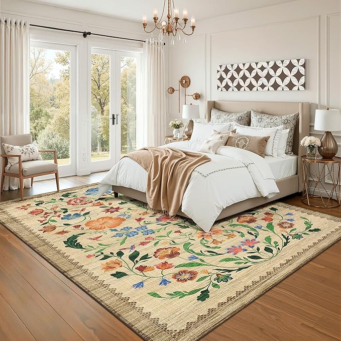 GarveeHome Washable Rug 8x10 Area Rugs for Living Room, Floral Rug for Bedroom, Soft Vintage Non Slip Throw Rugs with Rubber Back, Low Pile Stain Resistant Boho Floral Carpet for Dining Room, Beige