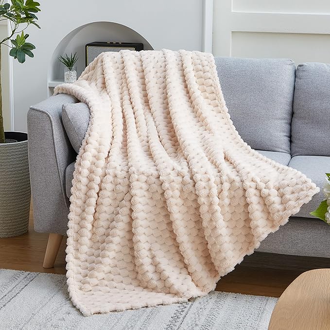 EXQ Home Fleece Blanket Queen Size for Bed or Couch - 3D Imitation Turtle Shell Jacquard Decorative Blankets - Cozy Soft Lightweight Fuzzy Flannel Blanket Suitable for All Seasons(90"×90",Beige)