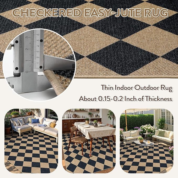 Lahome Colette Checkered Easy Jute Outdoor Rug, Large 6x9 Rug for Living Room Checkerboard Indoor Outdoor Carpet, Farmhouse Patio Office Mat Geometric Non Slip Black Carpet for Backyard Dining Room