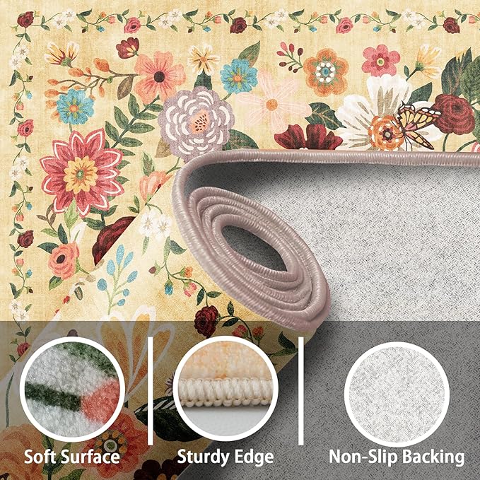 Area rugs 24x17 Inch Home Decor Entry Rug, Small Door Mat Bath Mats for Bathroom, Ultra-Thin Non Slip Floral Low Pile Tub Mat for Sink Shower Doorway Tub Kitchen Sink(2 x 1.4 ft, Yellow Garden)