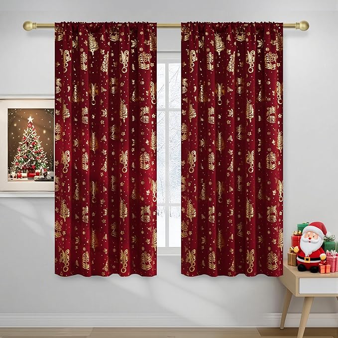 NICETOWN 2 Panels Red Christmas Curtains W42 x L63 in, Rod Pocket Gold Stamping Xmas Tree Printed Window Treatments for Bedroom, Living Room, Thermal & Privacy Draperies for Holiday Party Home Decor