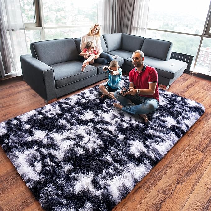 Black and White Rug for Living Room, 6x9 Area Rug for Bedroom, Bedside Indoor Floor Fluffy Shag Carpet, Plush Soft Rug for Boys Girls Kids Room Nursery Dorm Home Decor