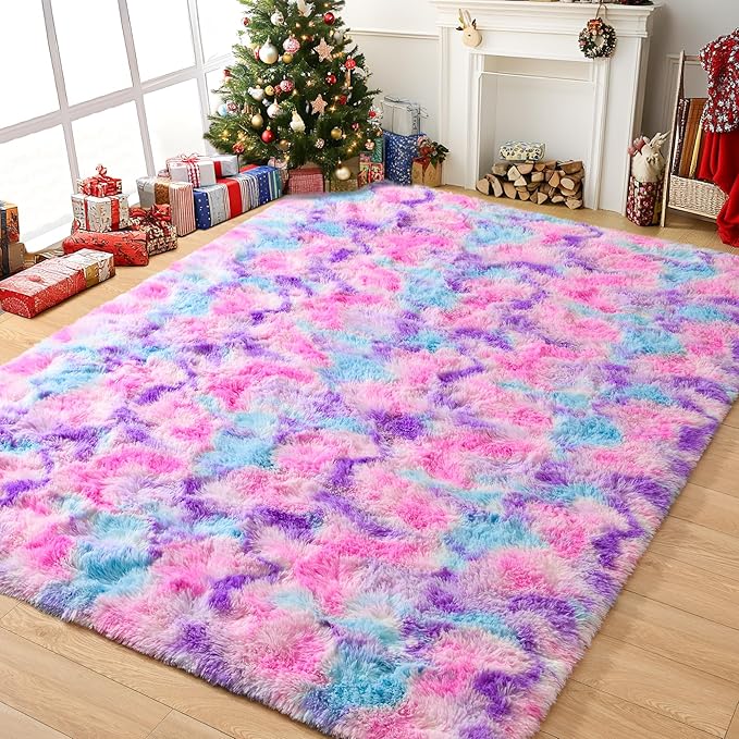 Tepook Soft Rainbow Rug for Girls Room 6x9 Feet, Cute Fluffy Girls Bedroom Area Rug, Shaggy Princess Rug Colorful Carpet for Kids Teens Toddler Playroom Nursery Reading Nook, Hot Pink