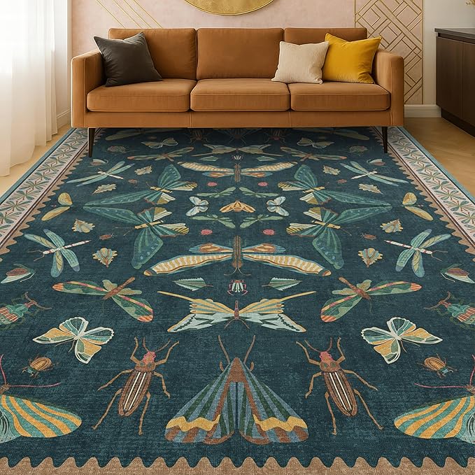 Hazo Haus Insect Blue Green Living Room Rug 5x8 - Washable Area Rug for Bedroom, Dining Room, Kids Playroom, Home Office, Boho Butterfly Non Slip Stan Resistant