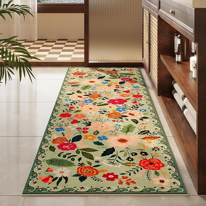 Rugcomf Runner Rug for Hallways Kitchen Rug Non Slip 2'6''x8' Washable Runner Rugs with Rubber Backing Soft Floral Carpet Runner for Hallways, Kitchen, Laundry, Bedroom, Bathroom(Green)