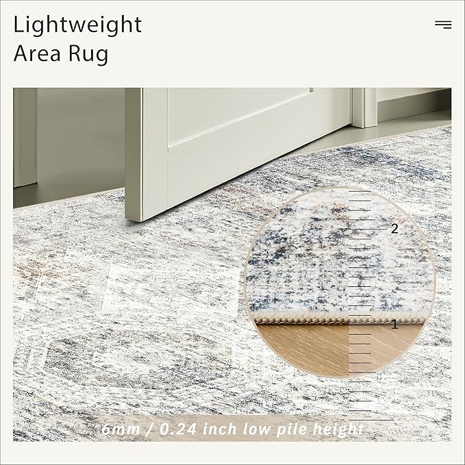 10x14 Area Rugs for Living Room, Non Slip Machine Washable Vintage Rugs, Low Pile Lightweight Large Rug for Bedroom, Dining Room, Home Office Blue Ivory