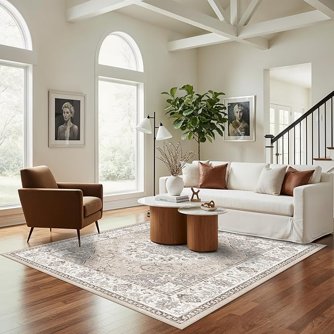 Washable 5x5 Square Area Rugs: Indoor Non-Slip Entryway Kitchen Rugs Oriental Stain-Resistant Bathroom Laundry Floor Mat Water Resistant Light Weight Carpet for Living Room Bedroom Nursery(5x5,Beige)