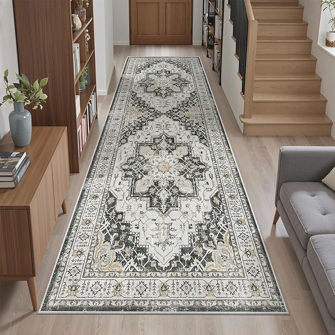 Madane Runner Rug 2'6''x8' Kitchen Runner, Hallway Runner Printed Vintage Washable Rugs Soft Non-Slip Low Pile Runners for Hallways Laundry Room Rug Distressed Rug, Black