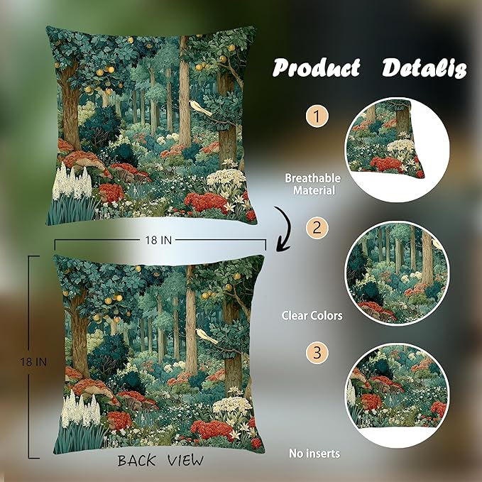 Rustic Forest Green Pillow Covers 18x18 Double-Sided, Cottagecore Summer Lemon Forest Botanical Nature William Morris Inspired Decorative Throw Pillow Covers for Sofa Bed Bedroom Living Room