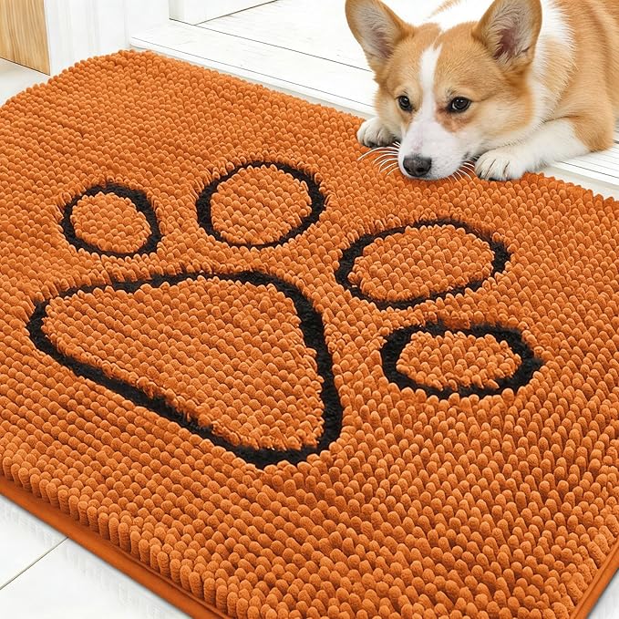 OLANLY Dog Door Mat for Muddy Paws 30x20, Paw Print Design, Absorbs Moisture and Dirt, Absorbent Non-Slip Washable Doormat, Quick Dry Chenille Mud Mat for Dogs, Entry Indoor Entryway Carpet, Clay
