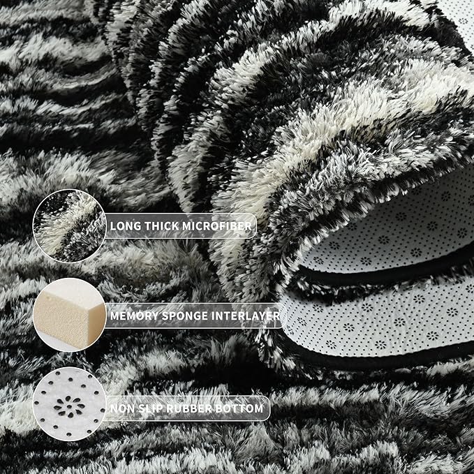 Tepook Soft Fluffy Rugs for Bedroom, 4x6 Area Rug for Living Room, Modern Shaggy Room Rug for Kids Boys Girls, Plush Throw Rugs Indoor Nursery Home Decor Rug with Non-Slip Bottom, Black White