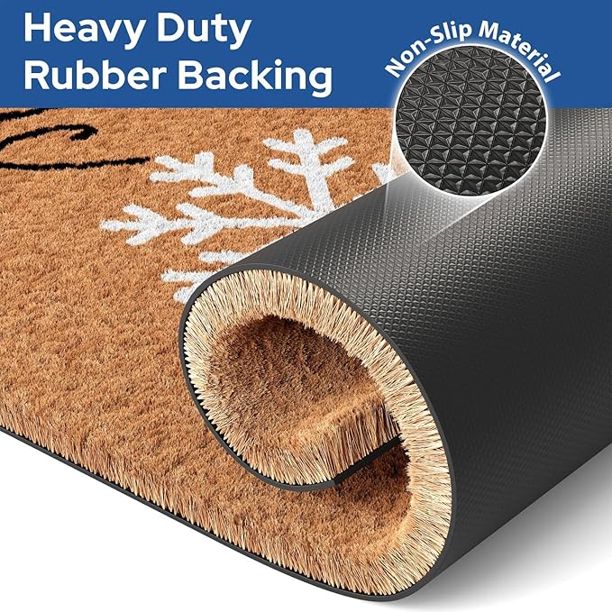 Barnyard Designs Natural Coco Coir Christmas Doormat - Large Cute Non-Slip Heavy Duty Backing Door Mat for Outside Entrance or Porch Entry, Brown (24x36, Winter Snowflake)