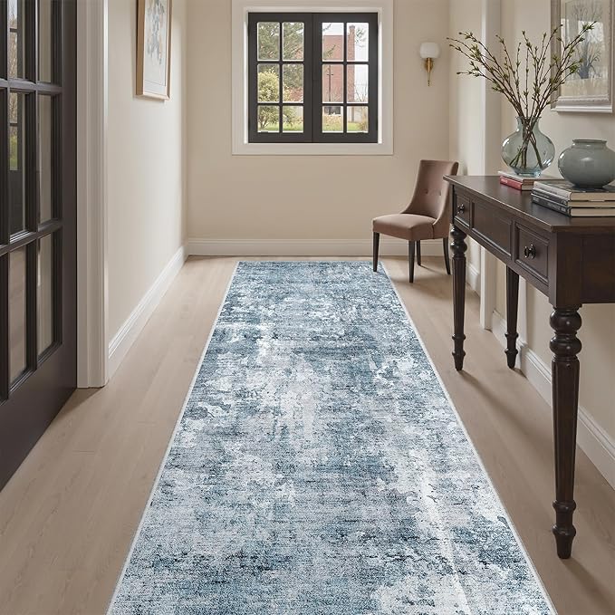 Runner Rug 3x8 Washable Non-Slip Hallway Runner Rugs for Kitchen Bathroom Laundry Room Blue/Grey Vintage Floor Carpet Runners for Hallways Entryway