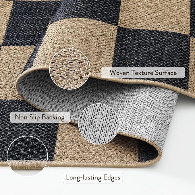 Lahome Colette Checkered Easy Jute Runner Rug, 2x8 Kitchen Rug Non Slip Washable Outdoor Runner for Entryway Indoor, Checkerboard Black Indoor Outdoor Carpet for Hallway 8ft Entry