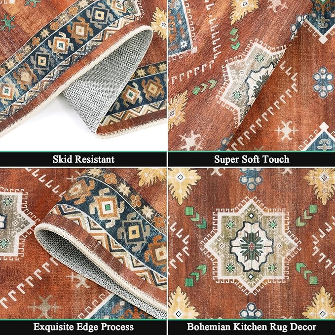 HEBE Boho Kitchen Rug Sets 3 Piece with Runner Non Slip Kitchen Rugs and Mats Washable Kitchen Mats for Floor Thick Kitchen Floor Mat Carpet Runner Rugs for Hallway Laundry Holiday Decor