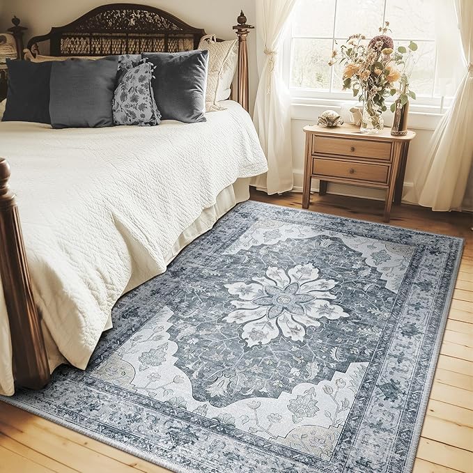 Area Rugs 5'x7' Washable Non-Slip, Floral Vintage Distress Print Pattern Medallion Carpet for Living Room Bedroom Dining Room, Light Gray Grey White