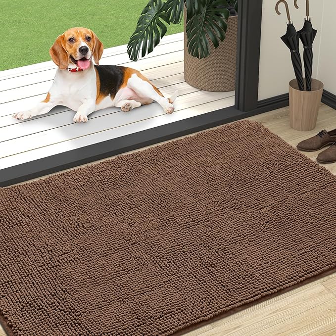 OLANLY Dog Door Mat for Muddy Paws 47x32, Absorbs Moisture and Dirt, Absorbent Non-Slip Washable Doormat, Quick Dry Chenille Mud Mat for Dogs, Entry Indoor Entryway Carpet for Inside Floor, Mocha