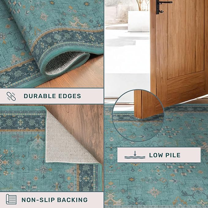 Washable 10x12 Large Teal Teal Boho Living Room Rug - Soft Floral Area Rugs for Bedroom Under Bed, Dining Room Under Table Non Slip, Low Pile & Stain Resistant Carpet