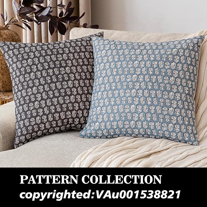 Foindtower Set of 2 Decorative Vintage Floral Print Throw Pillow Covers Neutral Modern Farmhouse Cushion Covers Boho Home Decor for Sofa Couch Chair Bedroom Living Room,20×20 Inch,Dusty Blue