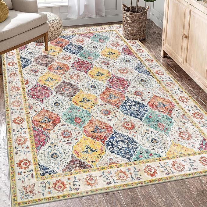 HEBE Washable Area Rug - 3'x5' Non Slip Soft Distressed Medallion Bedroom & Living Room Accent Throw Vintage Entry Floor Carpet for Dining Room & Bathroom Entryway