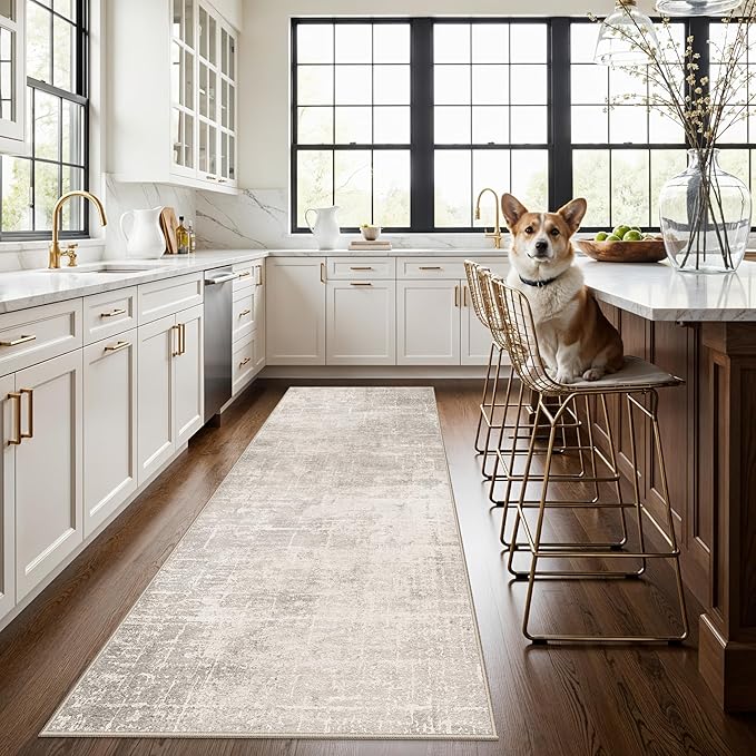 Hallway 3x8 Washable Runner Rug: Abstract Stain Resistant Entryway Kitchen Area Rugs Farmhouse Soft Bathroom Bedroom Print Floor Mat Thin Non-Slip Indoor Carpet for Living Room Laudry(3x8,Beige/Cream)