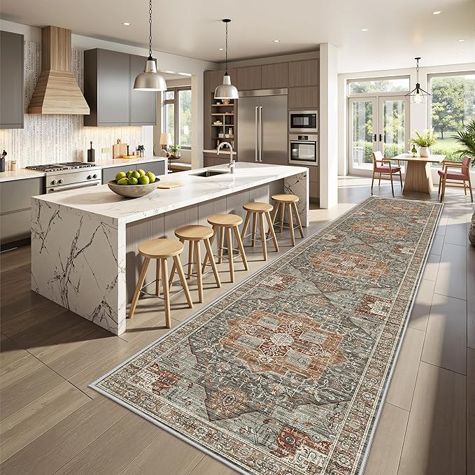 Runner Rug 2x10, Ultra-Thin Kitchen Rugs Non Slip Washable Rugs for Entryway Rug, Kitchen Runner Low Pile Vintage Soft Carpets for Living Room, Bathroom Bedroom (Grey/Brown/Tan,2'x10')