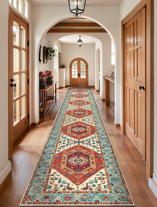 SERISSA Runner Rug for Hallways, 2'6"x16' Washable Non Slip Kitchen Runner Rug, Extra Long Boho Rug Ultra Soft Vintage Orange Print Floor Carpet for Bedroom Hallway Entryway Bathroom Laundry Room