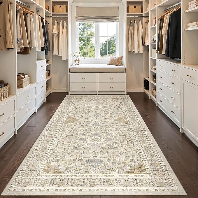 Madane Hallway Runner Rug 4x8 Wide: Washable Thin Runners for Hallways Entry, Non Slip Soft Vintage Kitchen Rugs Low Pile Carpet Runners for Living Room Bedroom Dining Room Foyer (Beige/Blue, 4x8)