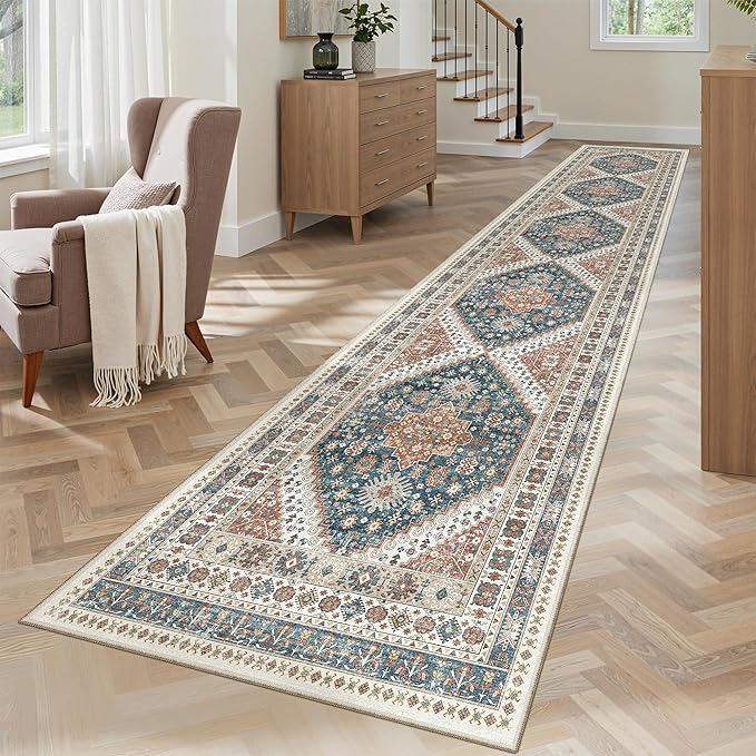 Madane Hallway Runner Rug 2x12, Extra Long Washable Runner Rugs with Rubber Backing, Non Slip Carpet Runner for Hallway, Vintage Rug Runners for Kitchen Laundry Room Entryway (Navy Blue, 2'x12')