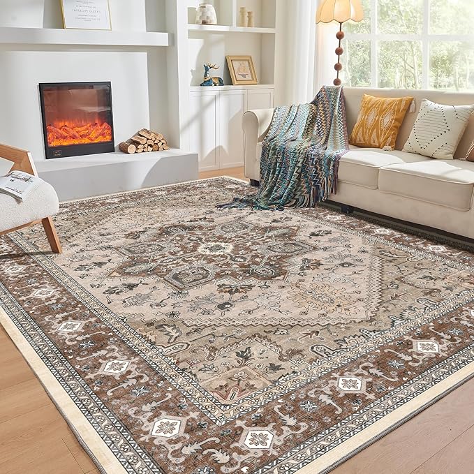 OPPODREAM Soft 10x14 Area Rugs, Washable Rugs 10x14 with Non Slip Backing, Low-Pile Faux Cashmere 10 x 14 Carpet, Brown