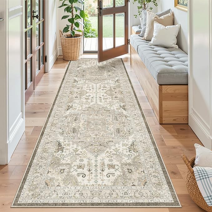 Madane Runner Rug 2'6''x8' Kitchen Runner, Hallway Runner Printed Vintage Washable Rugs Soft Non-Slip Low Pile Runners for Hallways Laundry Room Rug Distressed Rug, Ivory/Brown