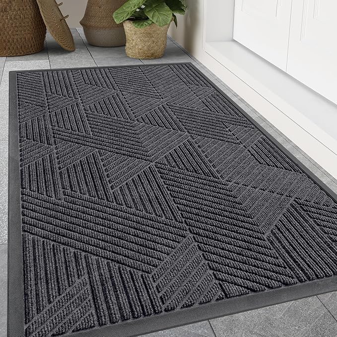 Smiry Front Door Mat Outside Entrance, Heavy Duty Sturdy Natural Rubber Doormat, Trap Dirt and Moisture, Easy Clean Low Profile Welcome Floor Mats for Indoor Outdoor Entry, 59x34 Inch, Medium Grey