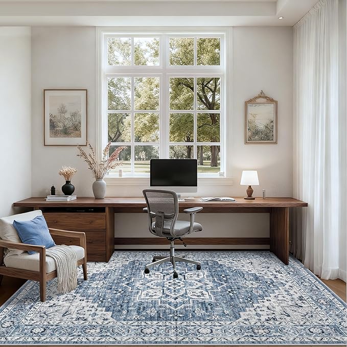 5x7 Area Rugs Living Room Rug: Washable Vintage Boho Medallion Rug No Slip Stain Resistant Soft Carpet Indoor Floor Large Carpets for Bedroom Dining Room Farmhouse Nursery Hallway Home Office Blue