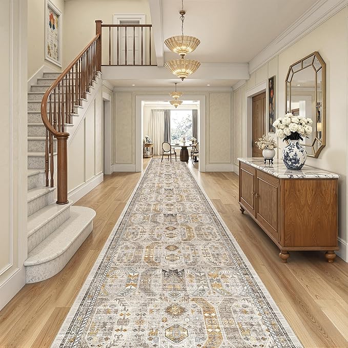 Madane 3x20 Hallway Runner Rug - Extra Long Carpet Runners for Hallways 20ft Non Slip Stain Resistant Rugs Runner for Living Room Bedroom 20 Feet Distressed Floor Carpet for Kitchen, Brown/Gold