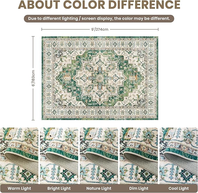 zesthome 6x9 Area Rugs, Machine Washable Rugs for Living Room, Bedroom,Stain Resistant Vintage Large Area Rug,Non-Slip Medallion Pattern Home Decor Rugs (Green,6'x9')