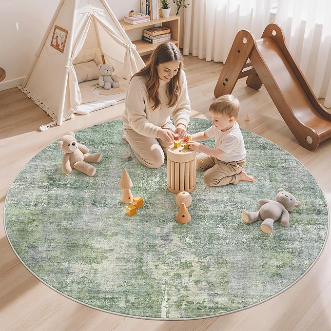 6x6 Green/Ivory Round Rug 6ft Living Room Circle Rug Vintage Round Area Rug Non Slip Indoor Carpet for Dining Room Bedroom