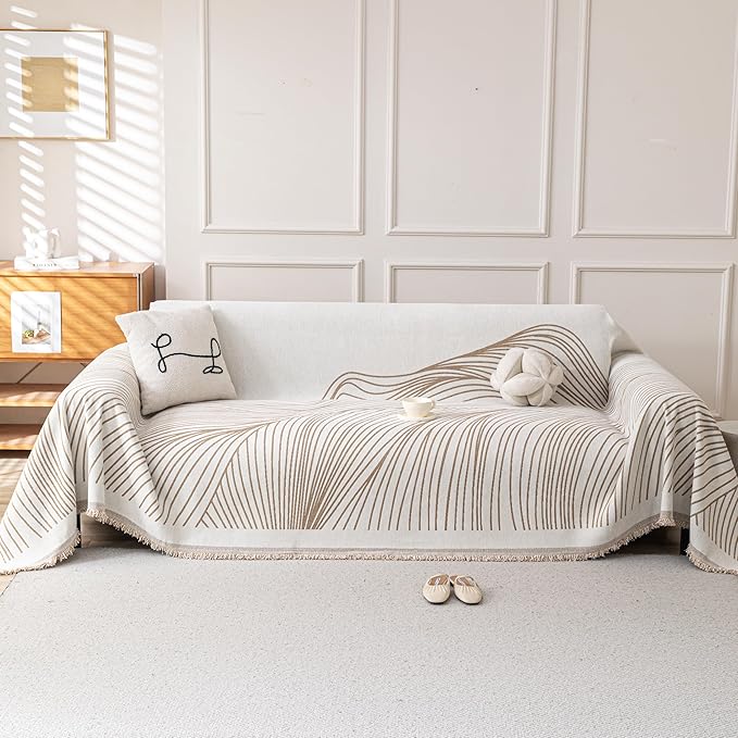 Boho Chenille Couch Cover for Dogs, Non Slip Sofa Cover, Couch Slipcover Covers for 3 Cushion, Furniture Protector with Tassels for Pets Washable, 71"x118", Curved Lines Beige