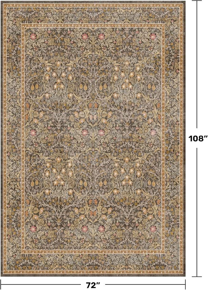 Washable Dining Room Rugs for Under Table - 6x9 Brown Oriental Area Rug for Living Room, Low Pile Non-Slip Floor Carpet for Bedroom Under Bed - Vintage Design & Stain Resistance