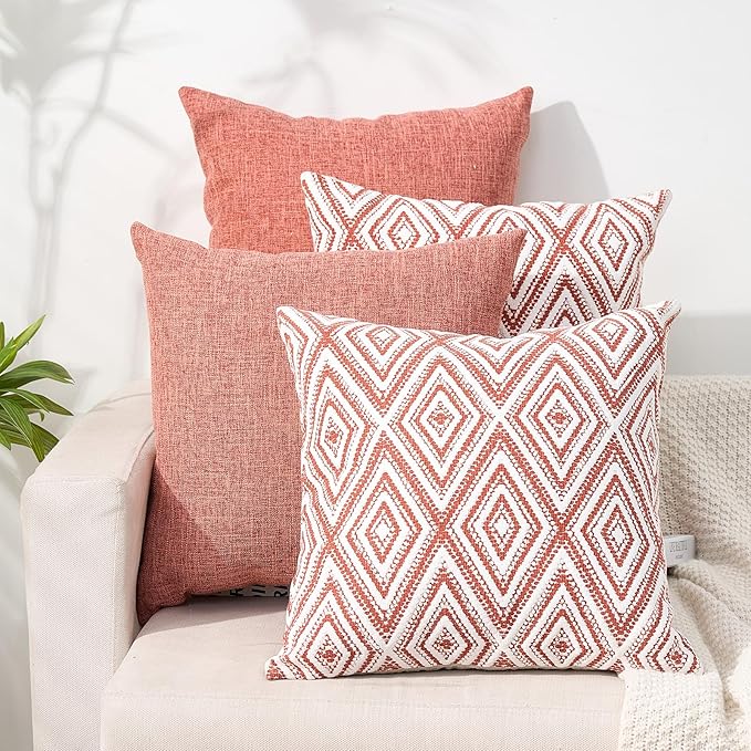HPUK Decorative Throw Pillow Covers Set of 4 Geometric Design Linen Cushion Cover for Couch Sofa Living Room, 20"x20" inches, Coral