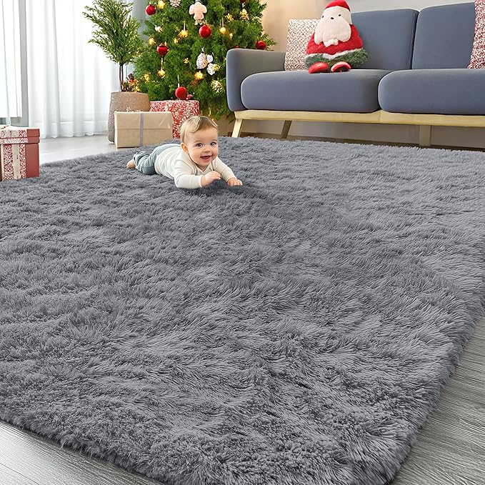 OLANLY 7x7 Machine Washable Large Area Rugs for Living Room, Bedroom, Soft Fluffy Shaggy Bedside Rug, Indoor Floor Carpet for Kids Girls and Boys, Dorms, Nursery, Home Decor Aesthetic, Light Grey
