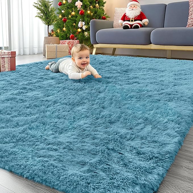 OLANLY 8x10 Machine Washable Large Area Rugs for Living Room, Bedroom, Soft Fluffy Shaggy Bedside Rug, Indoor Floor Carpet for Kids Girls and Boys, Dorms, Nursery, Home Decor Aesthetic, Slate Blue