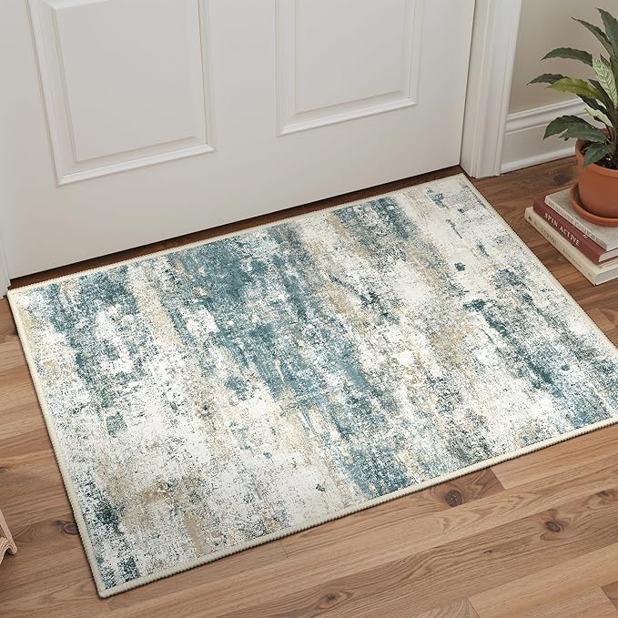 2x3 Rugs for Entryway Entrance Kitchen Bathroom, Machine Washable Modern Abstract Soft Area Rug, Low Pile Indoor Floor Carpet with Non Slip Backing, Navy Beige