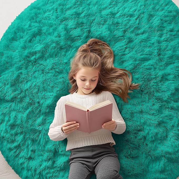 OLANLY Teal Green Round Rugs for Bedroom - Machine Washable, 5 ft Circle Area Rugs for Living Room, Soft and Fluffy Shaggy Carpet for Teen Girl and Boys, Nursery Rooms, Dorms, Home Decor Aesthetic