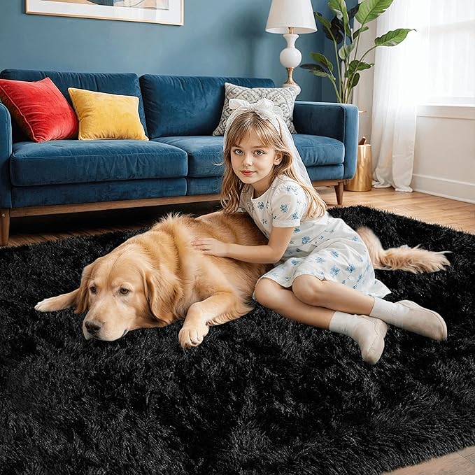 2x6 Bedside Area Rugs for Bedroom: Soft Fluffy Shag Black Rug for Hallway, Non-Slip Fuzzy Plush Living Room Rug Indoor Floor Carpet for Kids Rooms, Dorm, Nursery, Modern Home Aesthetic Decor